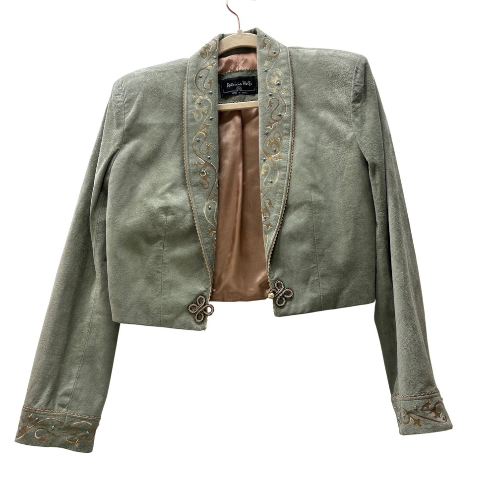 Vintage Patricia Wolf Sage Green Suede Embroidered Bolero Western Jacket Small